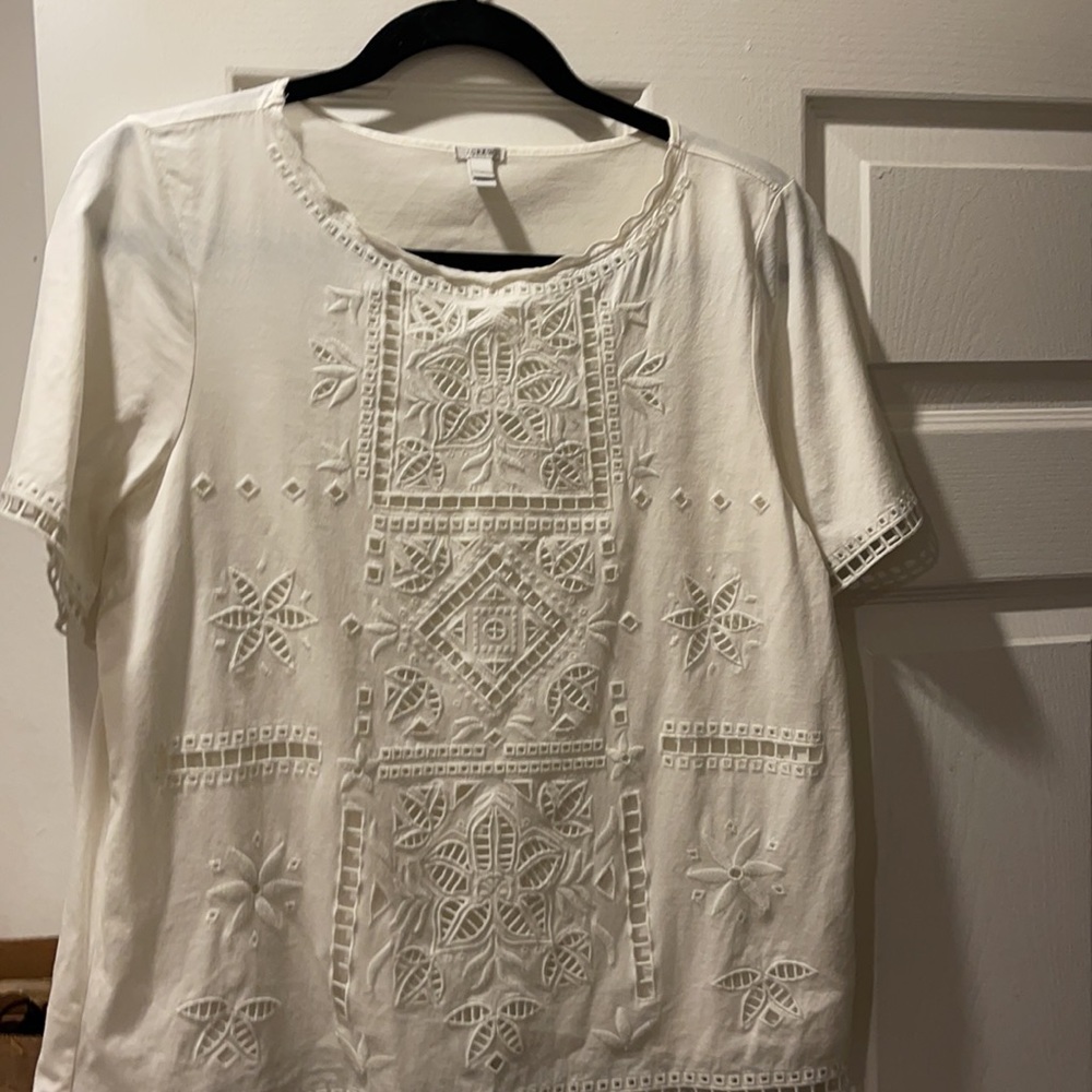 J Crew Short Sleeve Crew Neck Tee with Cutouts & Embroidery
